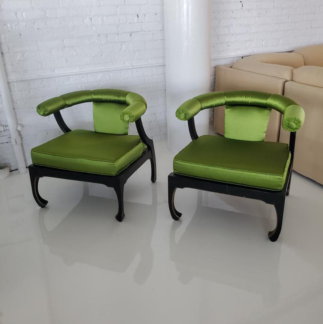 Pair of James Mont Style Black Lacquer Asian Ming Chairs Modern Love Furniture