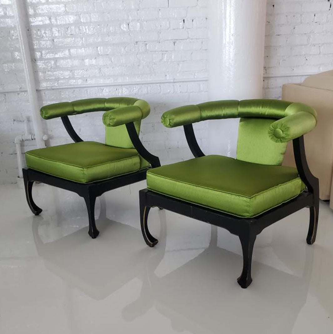 Pair of James Mont Style Black Lacquer Asian Ming Chairs